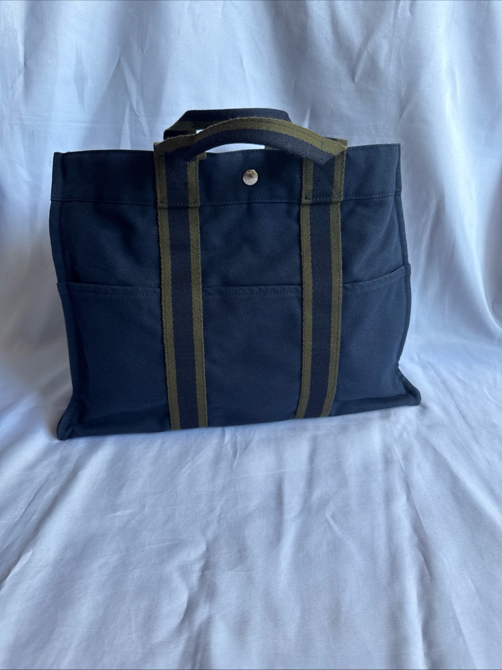 Hermes Navy Canvas Tote with Olive Straps